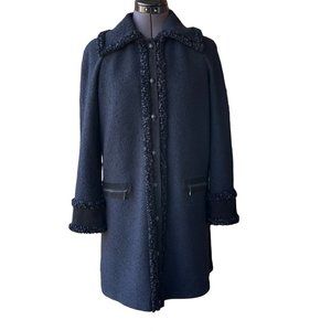 St. John Collection Knit Boucle Coat Duster Looped Fringe Collared Button-Front
